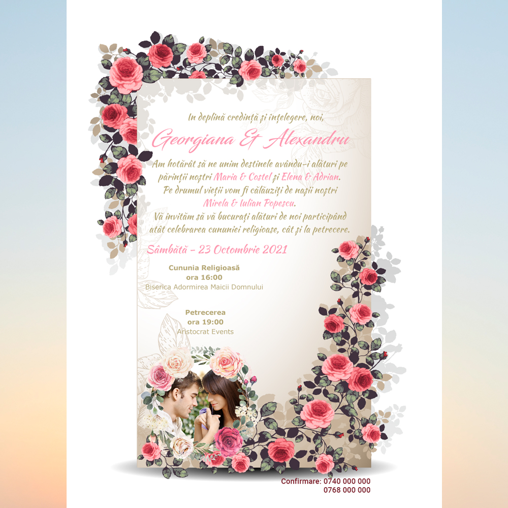 Invitație Nuntă digitală cu trandafiri roșii - Floral 005