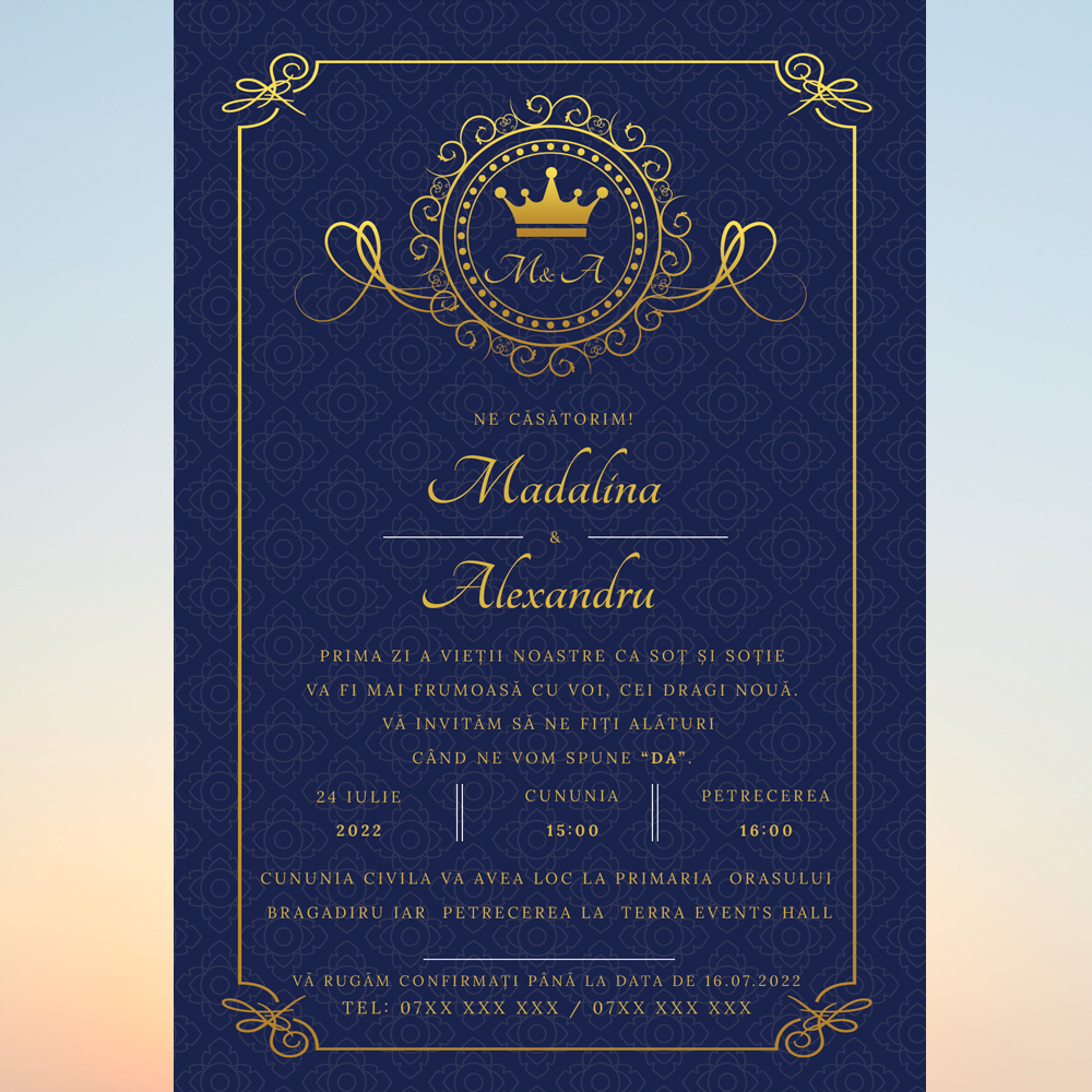 invitatie digitala cununie civila si nunta royal albastru