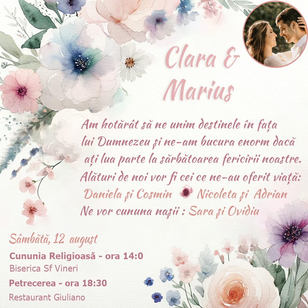 invitatie digitala nunta model floral pictat