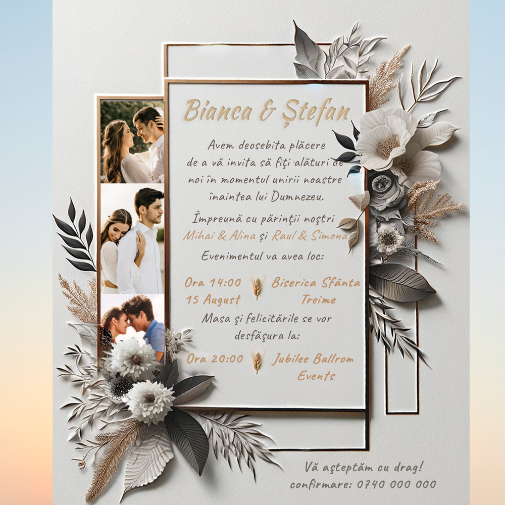 Invitație Digitală Nuntă cu Flori și Fotografii - NUNTAFL009