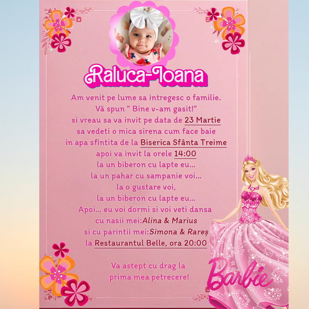 invitatie digitala botez barbie roz, invitatie barbie printese