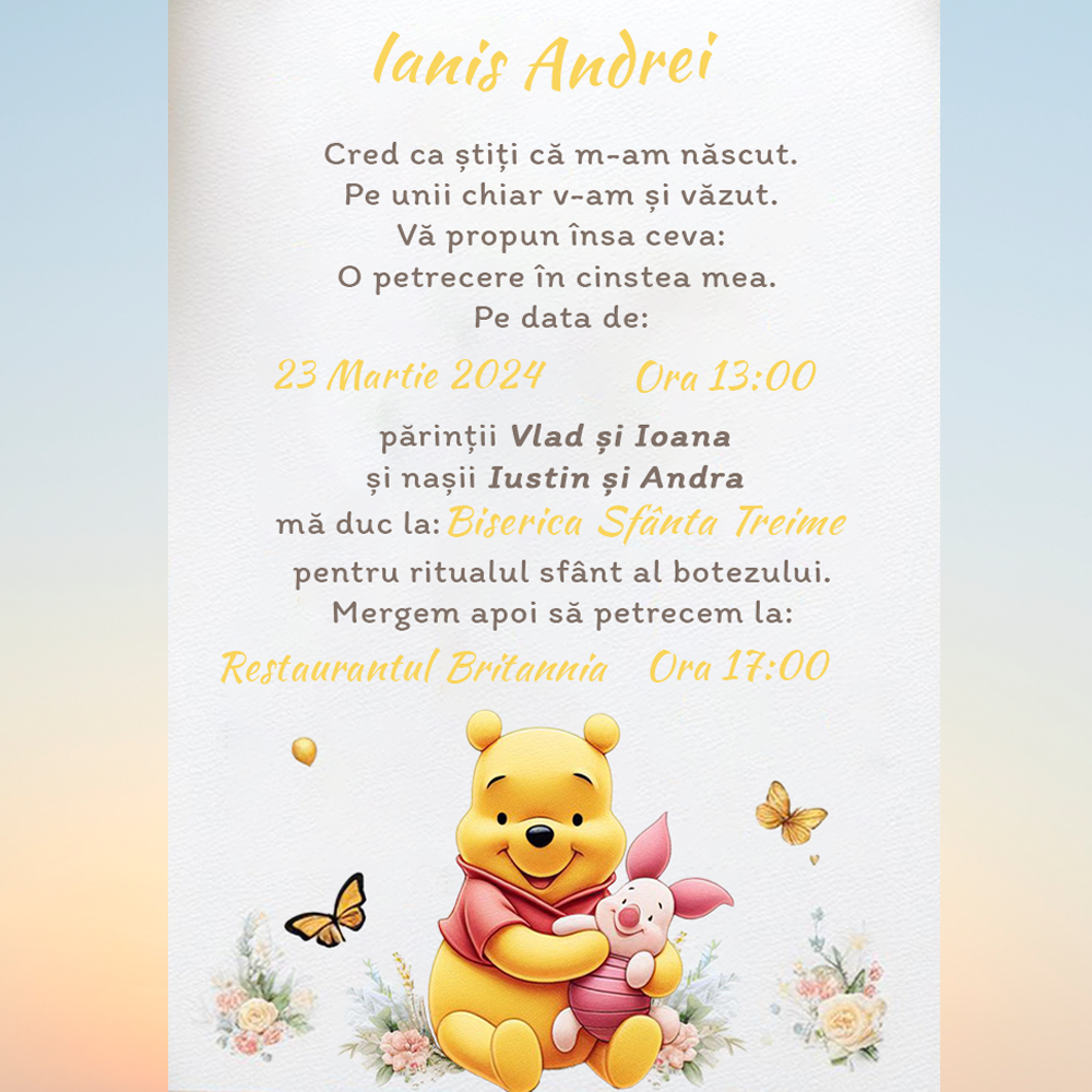 Invitatie digitala online botez winnie the pooh ursulet