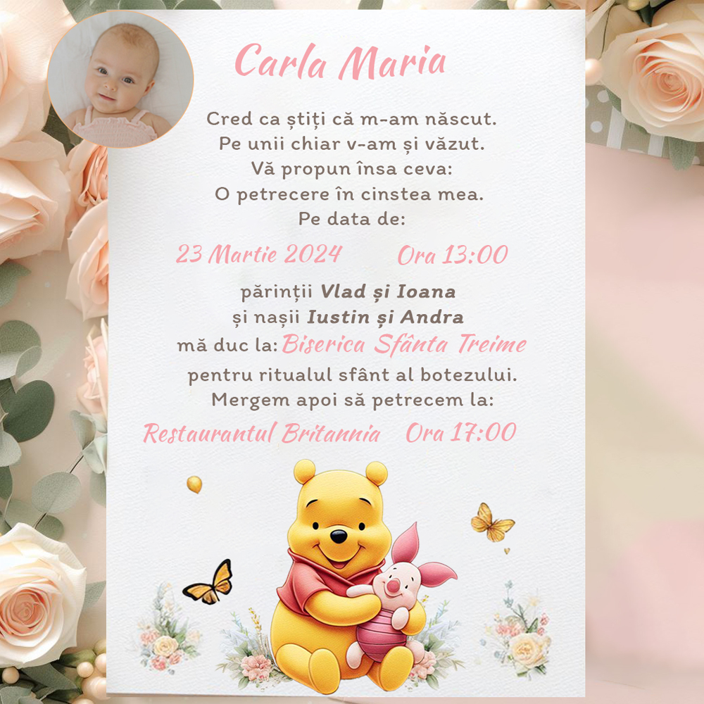 invitatie digitala botez urs winnie the pooh roz