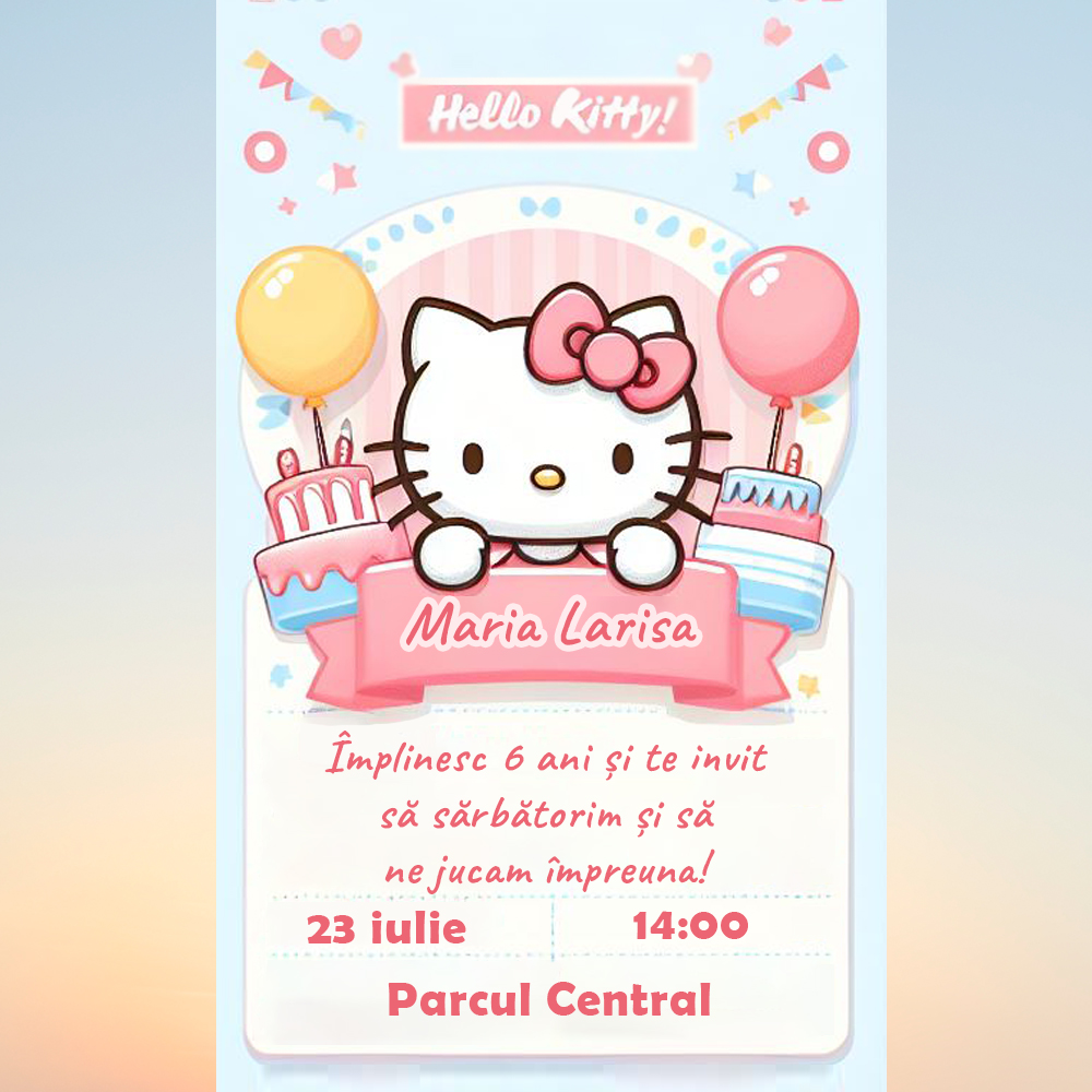 invitatie digitala fata hello kitty baloane
