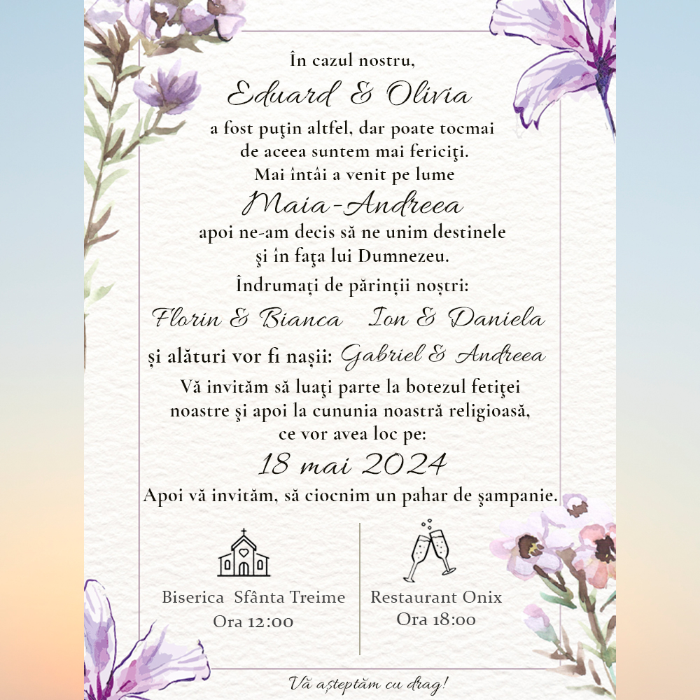 invitatie nunta si botez flori mov