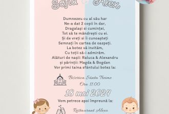 invitatie gemeni dubla fetita si baiat roz si albastru