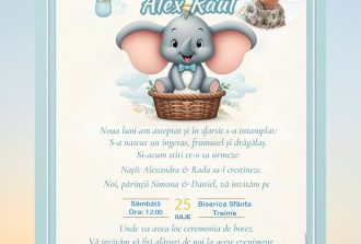 invitatie digitla botez albastra personaj Dumbo