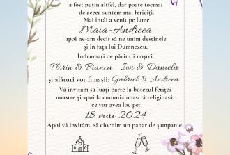 invitatie nunta si botez flori mov