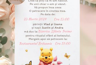 invitatie digitala botez urs winnie the pooh roz